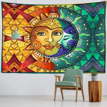 Психеделичен цветен слънце и луна Таро гоблен стена висящи магьосничество хипи абстрактен спалня домашен декор