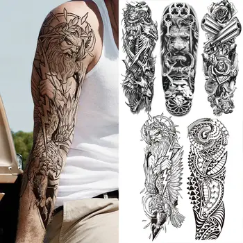 Пълна ръка Бог орел временни татуировки ръкав за мъже възрастни фалшив стажант пистолет тотем скелет Tatoo супер големи татуировка стикери DIY