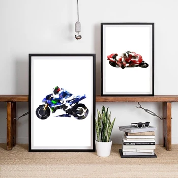 Пътни мотоциклетни състезания Плакати и отпечатъци Абстрактен Многоъгълен син мотоциклетист Илюстрация Платно живопис стена изкуство декор