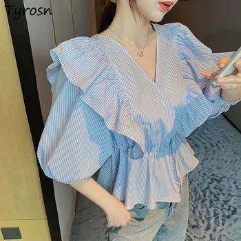 Раирани блузи жени син дизайн v-образно деколте елегантен всички мач корейски стил гореща продажба лятото къдри колан къс ръкав ризи женски