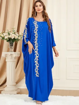 Рамазан Близкия изток Саудитска Арабия плътен цвят снаждане мъниста синьо прилеп ръкави случайни жени хлабав мюсюлмански лукс модна рокля
