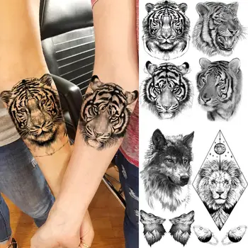 реалистични Тигър главата временни татуировки за жени възрастни мъже геометрични лъв вълк фалшив татуировка водоустойчив боди арт живопис Tatoos