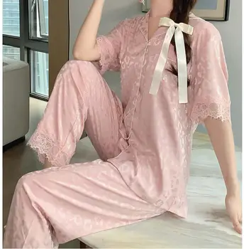 Ревера дантела пижама костюм жени Rayon нощно облекло къс ръкав риза &панталони 2PCS пижама комплект случайни летни спално облекло домашно облекло