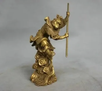 Редки Китай Мит Бронзово Слънце Wukong Monkey King Hold Stick Fight Statue