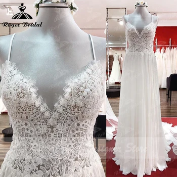 Реколта Boho сватбена рокля дантела шифон линия спагети ремъци Плажни булчински рокли Sweep robe de soiree de mariage 2022
