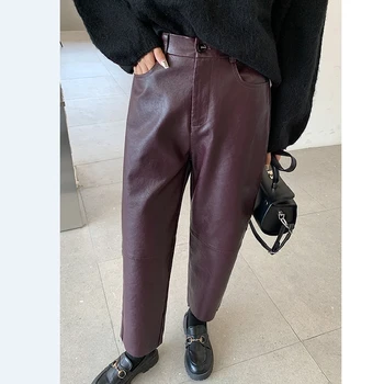 Реколта есен хлабав жени черна изкуствена кожа PU цип вреда панталони висока талия джобове дами корейски панталон панталони W603