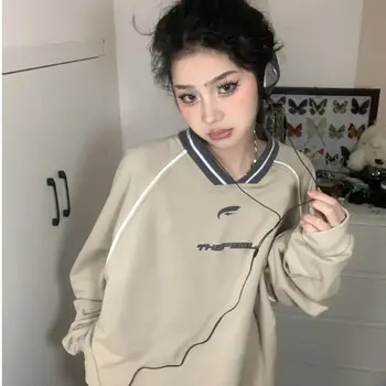Реколта извънгабаритни суитчъри пуловер жени корейска мода streetwear kpop V врата писмо случайни Harajuku гръндж върховете качулки