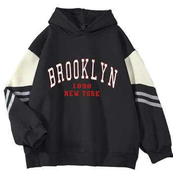 Реколта качулка Бруклин 1898 Ню Йорк Kpop случайни дълъг ръкав пуловер отгоре Бруклин мода Harajuku двойка суитчър