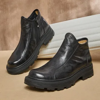 Реколта мъжки Челси ботуши луксозни естествена кожа ръчно изработени удобни глезена платформа кръг пръсти британски тенденция социални обувки мъж