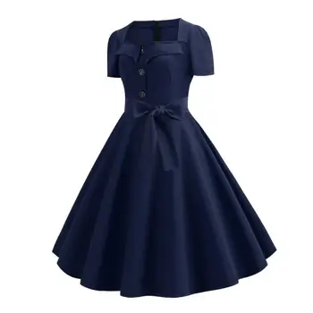 Реколта пин-нагоре рокля ретро 1950s A-линия Midi рокля с квадратно деколте голям подгъв бутон декор точка печат цвят съвпадение колан лък