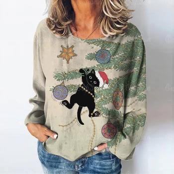 Реколта смешно котка тениска Коледа жените дълъг ръкав топ суитчър есен имитация памучни дрехи мода жена блуза 2023
