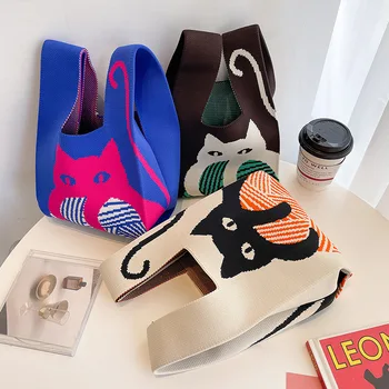 Ретро сблъсък Цветни трикотажни чанти Cartoon Cat Tote чанти Универсални пазарски чанти с голям капацитет Ежедневни чанти за рамо за жени