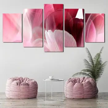 Розов абстрактен платно живопис листа перо пет парчета печат стена изкуство плакат картина за хол декорация на дома