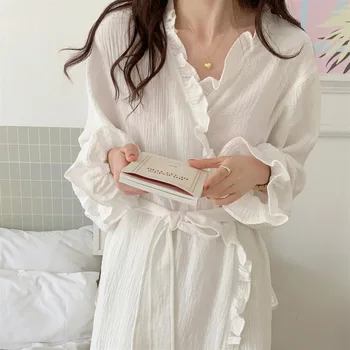 Секси Flounce кимоно роба жени нов памук хлабав халат дантела нагоре кимоно халат пот халат пижама дами спално облекло