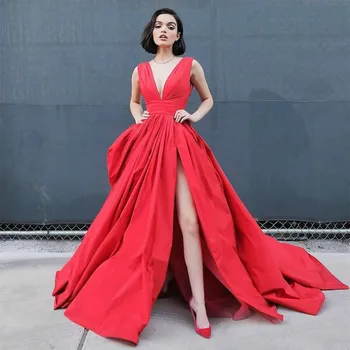 Секси дълги червени рокли за знаменитости с V-образно деколте فساتين السهرة A-Line Pleated Sweep Train Abendkleider Robes de Soirée за жени