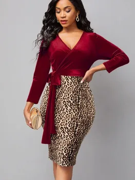 Секси леопардов принт V-образно деколте с дълъг ръкав работни рокли