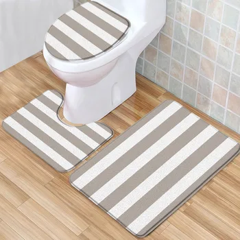 Сив бял раиран комплект за баня 3D печат творчески геометричен ниска купчина мемори пяна баня мат тоалетна капак U-образен килим комплект от 3