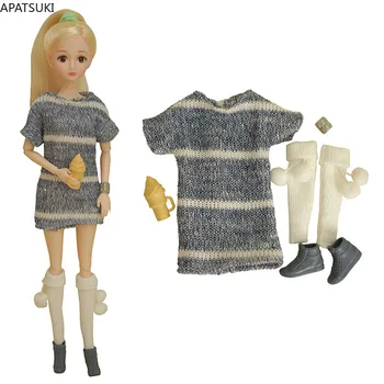 Сива мода кукла дрехи комплект за Барби екипировки 1/6 кукли аксесоари за кукла Барби дълъг пуловер рокля чорапи обувки детски играчки