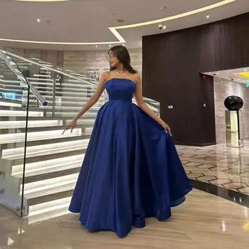 Сини елегантни абитуриентски рокли без презрамки без ръкави луксозна дължина на пода сатенена вечерна рокля Официален повод отстъпка по поръчка