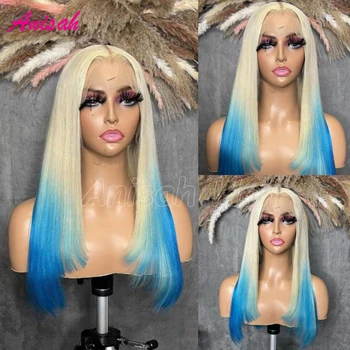 Синя дантела фронт човешка коса перука Preplucked линията на косата бразилски права коса 13x4 прозрачна дантела фронтални перуки за жени