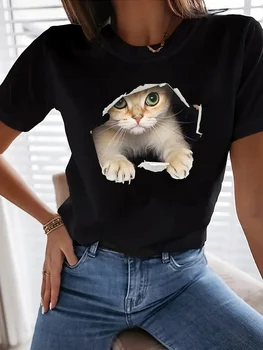 Сладка котка печат екипажа врата тениска, случайни къс ръкав тениска за пролетта & лято, дамско облекло