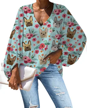 Сладко куче 3D печат Блуза от шифон Дамско лято 2023 Blusas Woman Casual Lantern Дълъг ръкав Свободни върхове Дамски ризи и блузи