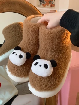 Сладък панда агнешко вълна памук дома чехъл обувки мъжки жени зимата топло и удебелени универсален мода сняг ботуши