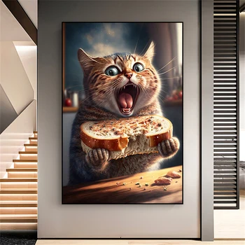 Смешни животински плакат Сладка котка яде отпечатъци сладък животински платно живопис Начало кухня стена декор кафе бар трапезария декор