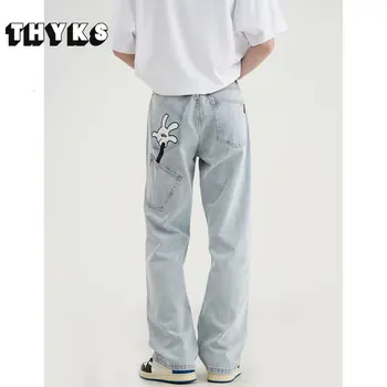 Смешни карикатура печат мъжки дънки корейски стил Homme Y2k панталони направо Bagg причинно-следствени дънкови