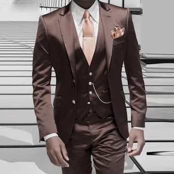 Стилен кафяв сатен мъжки костюм Tuxedo Персонализиран официален италиански дизайн Blazer 2023 Яке панталони жилетка 3Pcs Masculino костюми