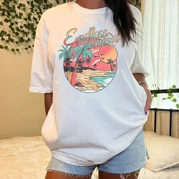 Сърф ваканция графични тениски жени извънгабаритни тропически плаж тениска лятна мода къс ръкав реколта естетически тениски отгоре