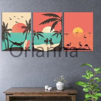 Сърф плакат,Сърфист блаженство,Летен приключенски комплект,Тропически рай,Летен плажен декор,Фламинго Сънсет Арт, Калифорния Океанско крайбрежие