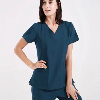 Тънък лекар работни дрехи v-образно деколте медицинска сестра униформа сплит костюм еластични бързосъхнещи хирургическа рокля лято