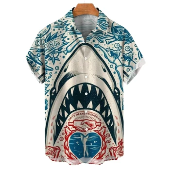 Улично облекло риза за мъже Хавайска блуза с акула тениска Нови мъжки ризи 3D животински печат дрехи моден бутон къс ръкав ревера
