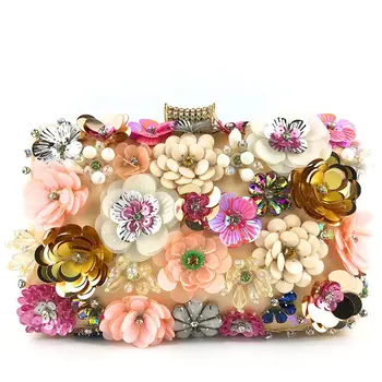 Флорални вечерна вечеря чанта Beaded цвете съединител чанта метална верига Crossbody чанта банкет чанта сватба абитуриентски чанта Dropship