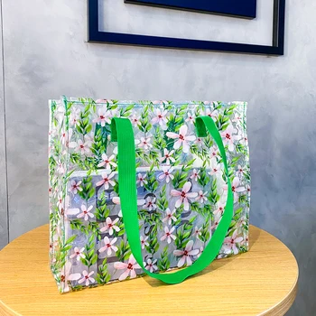 Флорални голяма пазарска чанта мода ясно висяща чанта за пътуване голям капацитет жените пазаруване рамо чанта PVC случайни чанта