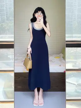 Френски стил 2023 Нова мода синьо без гръб камизола обвивам талията дълго синьо плетена рокля тънък лято жени офис дама 8DMC