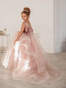 Цвете момиче рокли прашни розов тюл диференцирани перла колан с лък за сватба вечер рожден ден парти банкет принцеса рокля