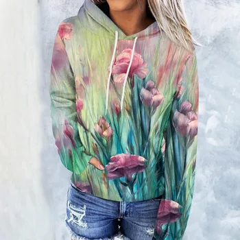 Цвете флорални качулки пеперуда 3D печат жени дълъг ръкав улично облекло извънгабаритни пуловери Y2k сива врана суитчъри женски дрехи