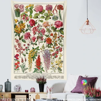 Цветен ботанически домашен декор Гоблен Стенни висящи цветя Референтна диаграма на растенията Естетически гоблени за всекидневна спалня
