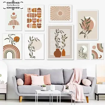 Цветна стена изкуство платно живопис слънце ваза листа линия геометрични скандинавски плакати и отпечатъци снимки за дневна спалня Boho декор