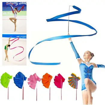 Цветни гимнастически панделки, подходящи за професионална фитнес танцьорка Използвайте художествена гимнастика балет стример въртящ се прът стик обучение D7a5