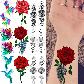 Цветни розови цветя временни татуировки за жени момичета реалистични планетарни колибри фалшив татуировка стикер ръка крак Tatoos чар