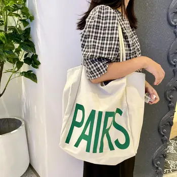 Чанта за рамо корейски стил просто измиване платно писмо печат случайни голям капацитет чанта жени мода