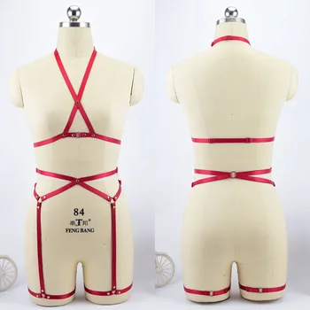 Червен комплект колани за тяло Полиестер Crop Top + Bottom Panties Регулируем размер Жени Пол Денс Дамско бельо Робство Фетиш N0103