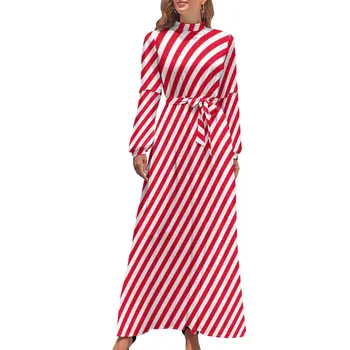 Червена линия печат рокля ивици Коледа Kawaii Макси рокля корейски мода плаж дълги рокли висока талия дизайн Vestido
