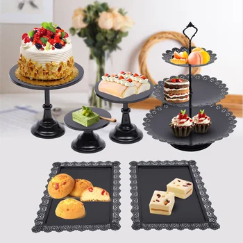 Черен 6-парче комплект торта щандове кръгли Cupcake щандове,Метална сватба Brithday парти празник десерт дисплей плочи