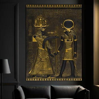 Черен златен Хор египетски храм стела 3D платно плакат печат стена изкуство фараон бог картина за хол Начало декор Cuadros