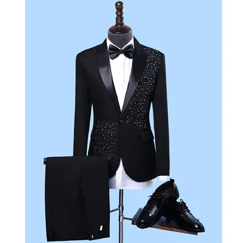 Черен мъжки костюм с диаманти Моден връх ревера с един бутон Blazer Stage Концерт домакин Tuxedo Slim Fit 2 парче костюм за мъже