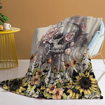 Череп одеяло за Хелоуин череп слънчоглед дизайн хвърлят одеяло за деца подарък диван стол легло офис дома декор